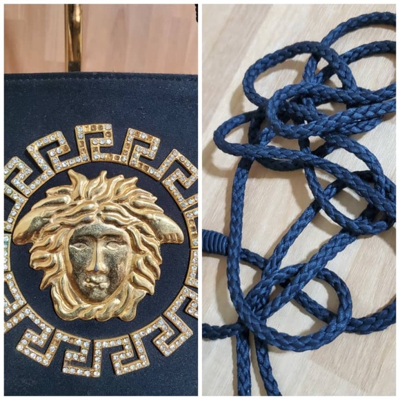 Authentic Versace Couture 90s Gianni Black Satin Gold & Rhinestone Medus… - Picture 8 of 12